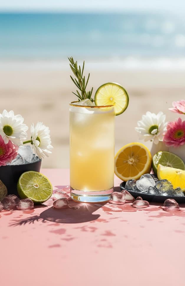 A clear, serene cocktail with fresh sprigs of rosemary, lavender, and sage, suggesting a morning mist.