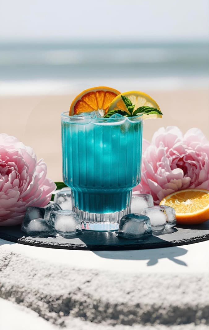 A vibrant blue cocktail with a lemon slice and a splash of pineapple juice, evoking a tropical lagoon.